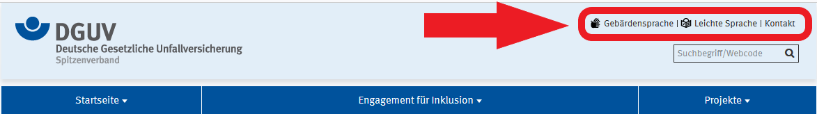 Bild zeigt Gebärdensprache, Leichte Sprache und Kontakt rechts in der Kopfzeile