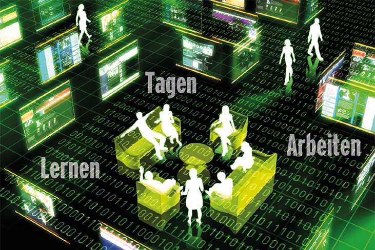 Visueller Raum mit mehreren PCs und skizzierten Personen. Der digitale Hintergrund besteht aus einem flächig angeordneten Binärcode. Text im Bild: Lernen, Tagen, Arbeiten.