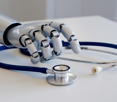 Eine silberne Roboterhand liegt auf einem weißen Tisch und hält ein Stethoskop mit blauem Schlauch. Eine silberne Roboterhand liegt auf einem weißen Tisch und hält ein Stethoskop mit blauem Schlauch.